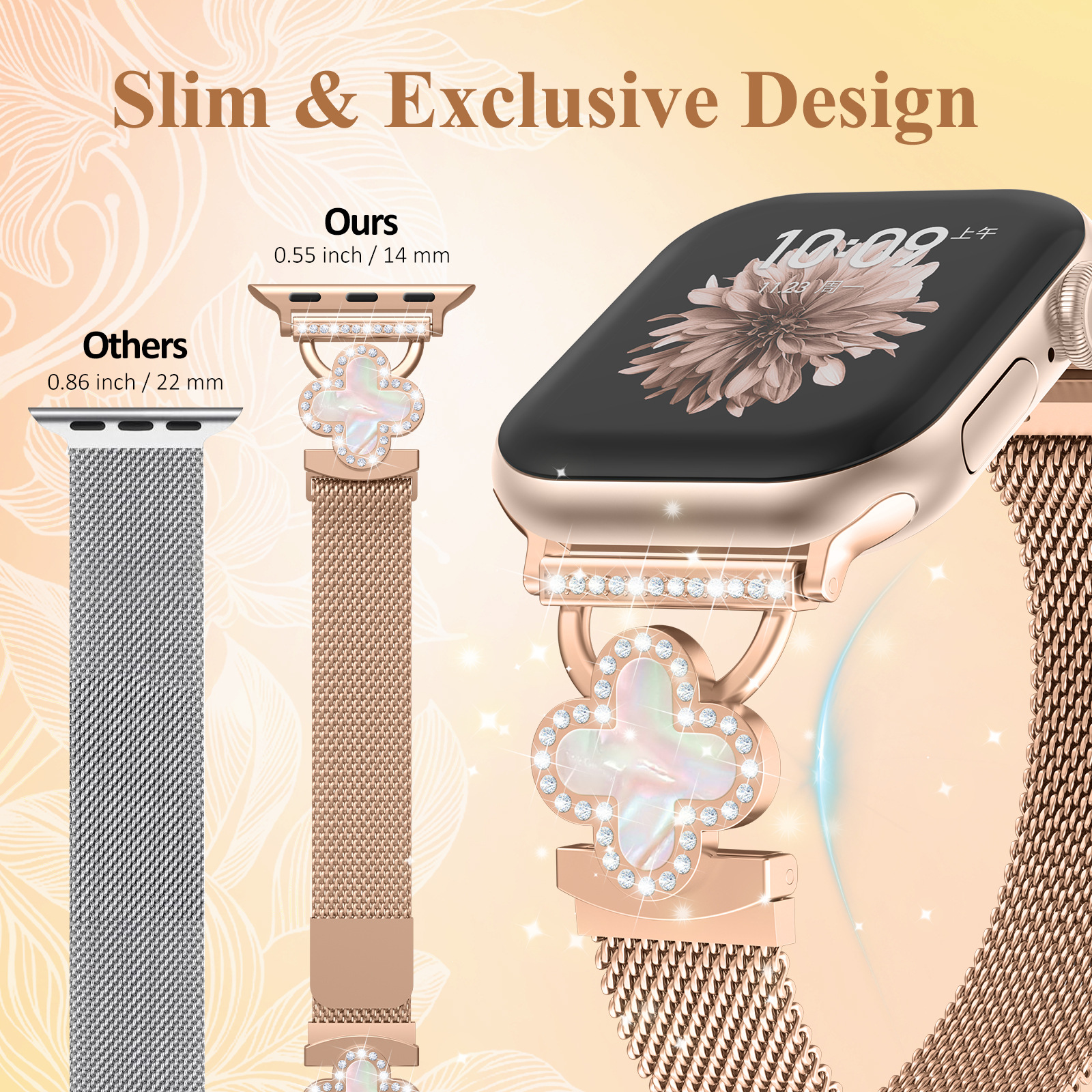 Suitable for Apple Watch Metal Color Diamond Splicing Four-Leaf Clover Milan Strap Iwatchs10 Apple Watch 41mm
