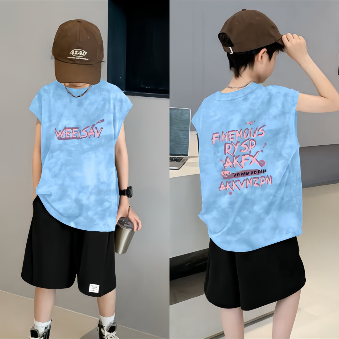 Boys' 100% Cotton Tie-Dye Sleeveless Vest, New Summer Style, Casual and Versatile for Medium and Large Children, INS Style Vest