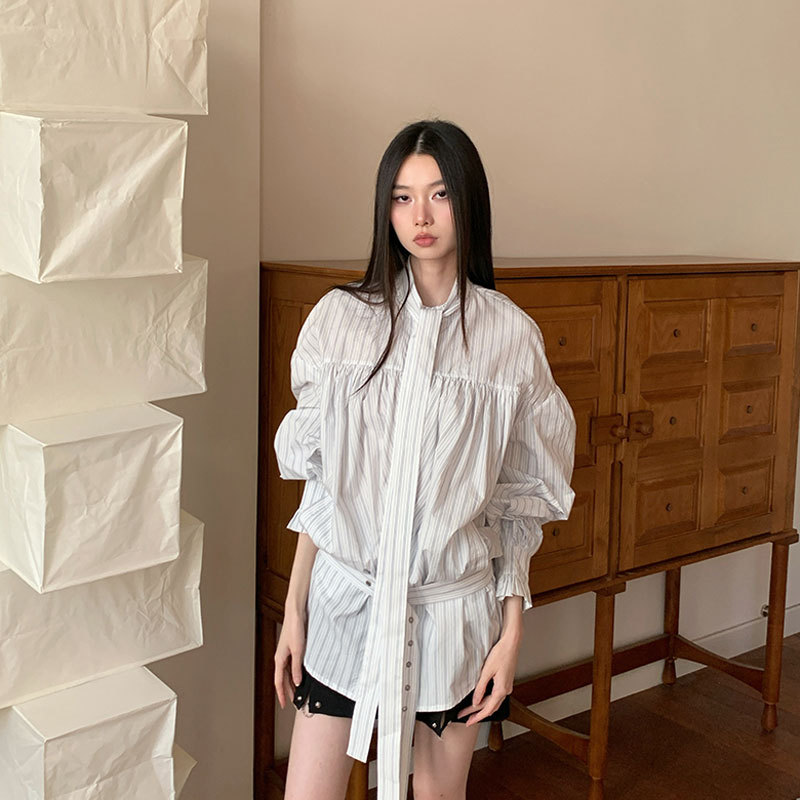 Striped Shirt Women's Design Sense Niche Long-sleeved Strap Ear-rimmed Loose All-match Casual Top 2025 New Spring