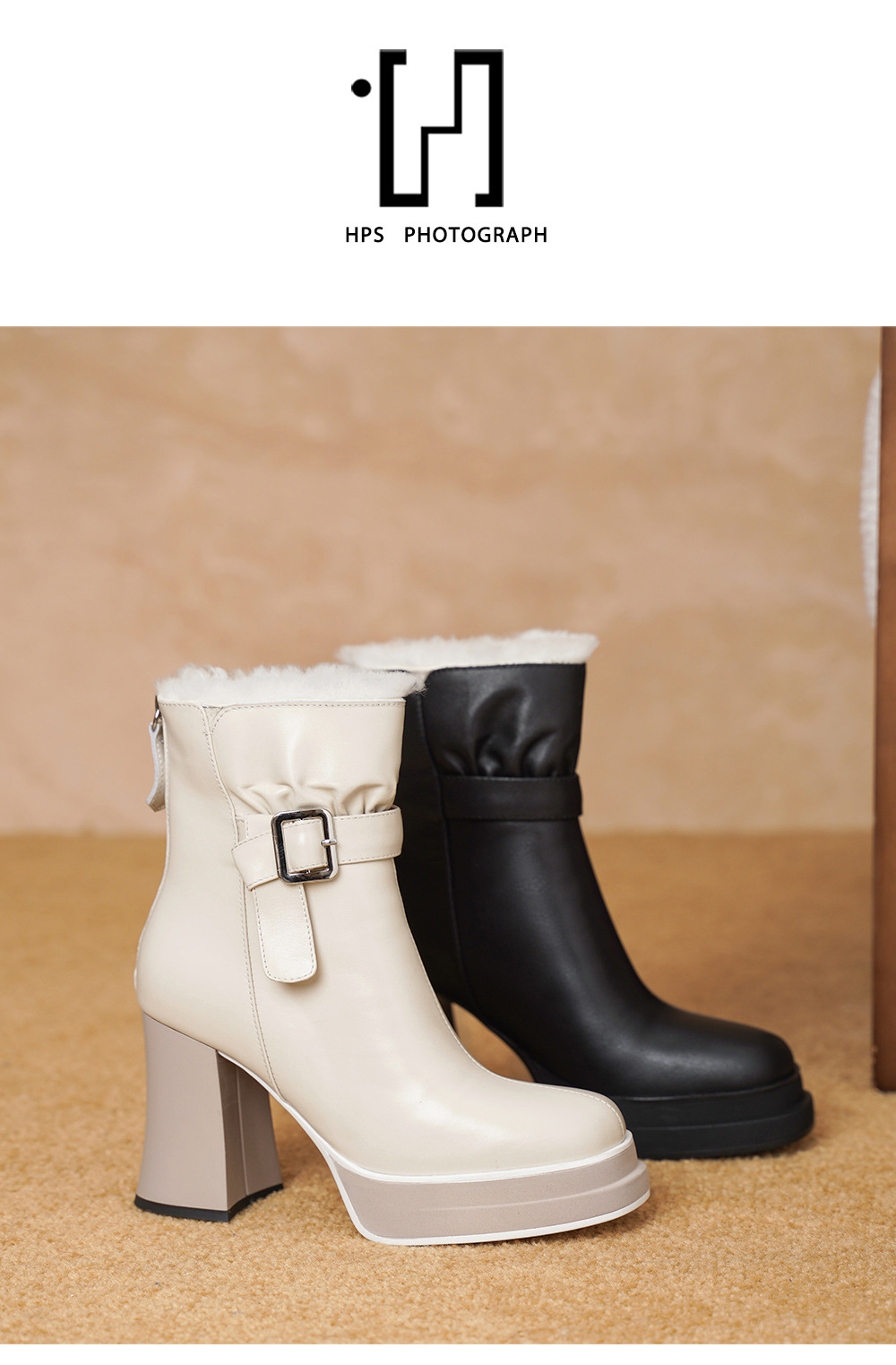 Boot nữ cổ thấp mũi vuông siêu cao gót da bò lót lông cừu ấm áp — màu đen chi tiết 13