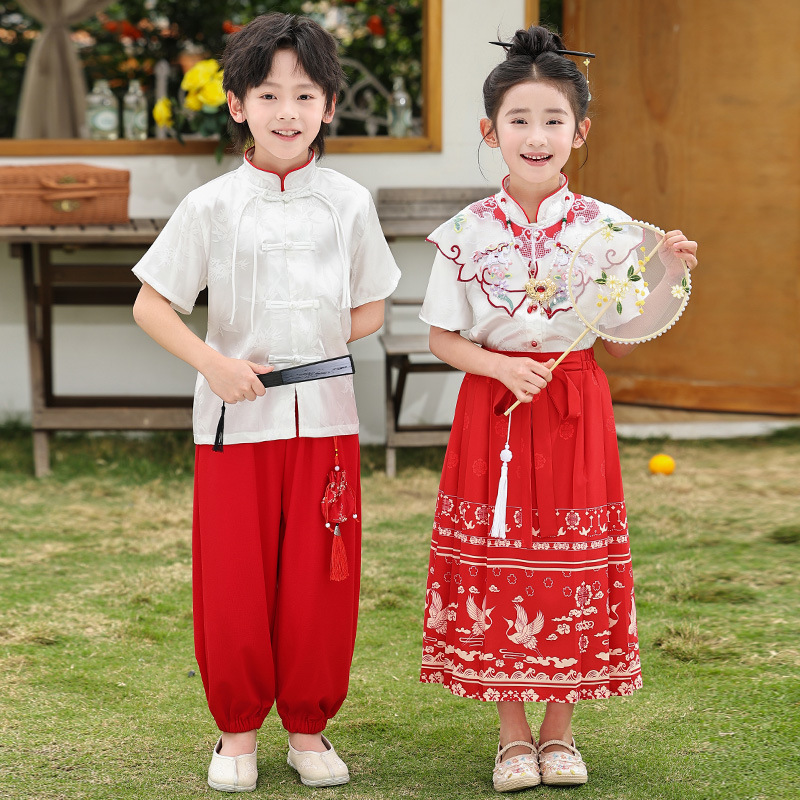 Preschool Summer Hanfu Performance Choir Uniform with Chinese Style Guoxue Mamian Skirt, Primary School Student Uniform