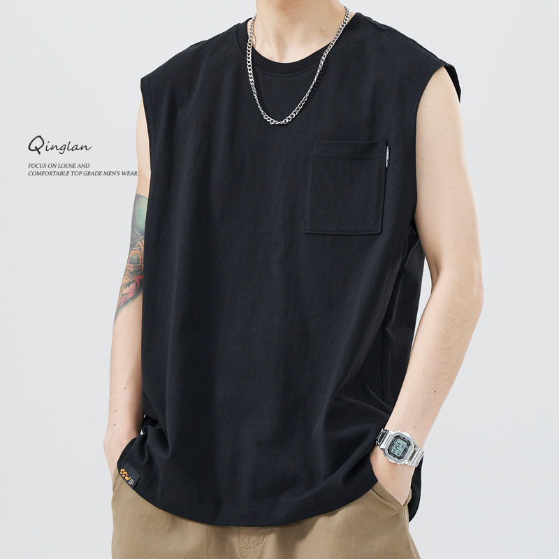 Summer Pure Cotton Men's American-Style Sleeveless Top, Men's Cropped Sleeve T-Shirt, Vest, Black Loose Casual Short T-Shirt, Tank Top