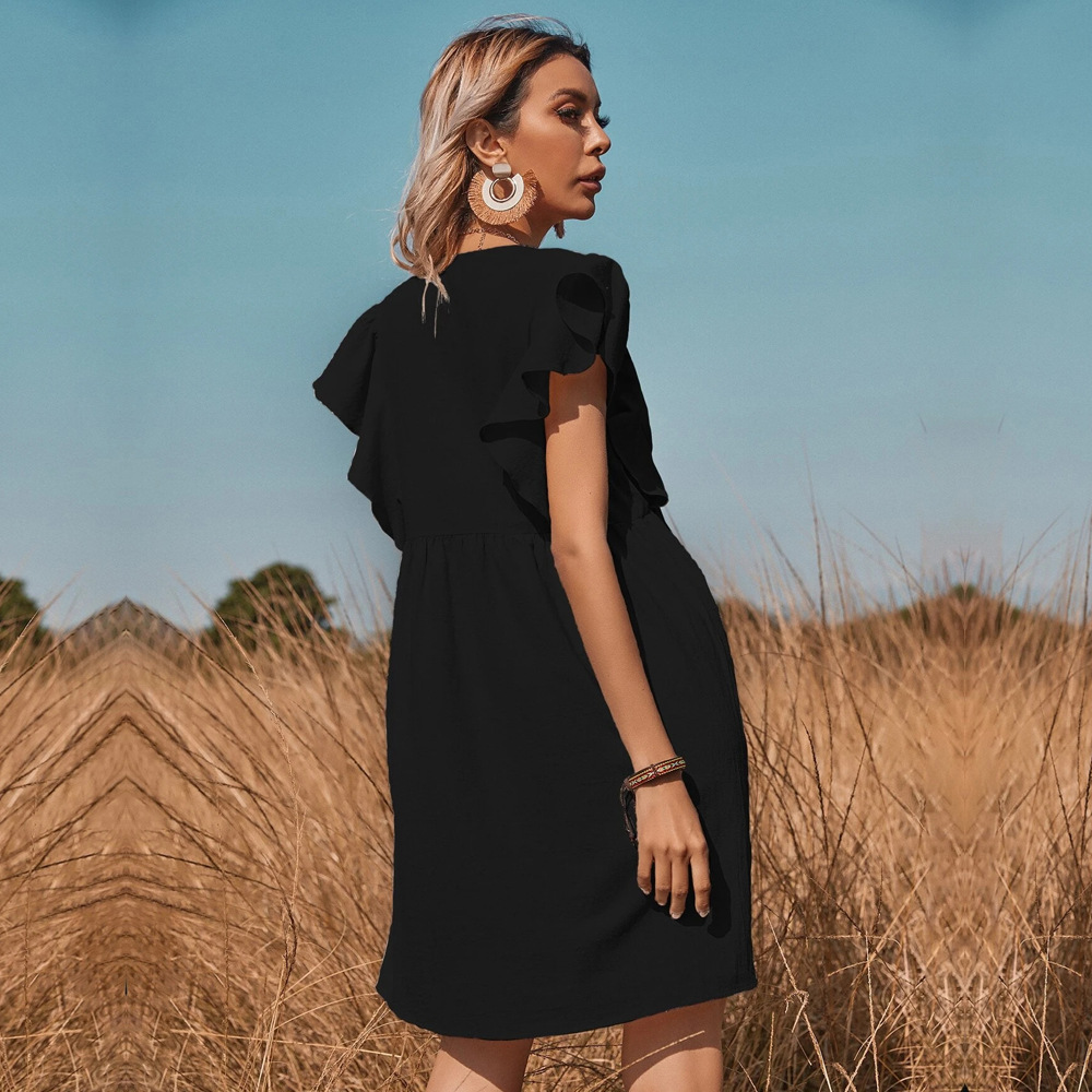 2026 Abbigliamento femminile transfrontaliero europeo e americano Nuovo abito da campagna versatile con scollo a V e fibbia a una fila, ampio e svasato, con scollo a V e vestibilità ampia, ideale per la campagna._voghion.com