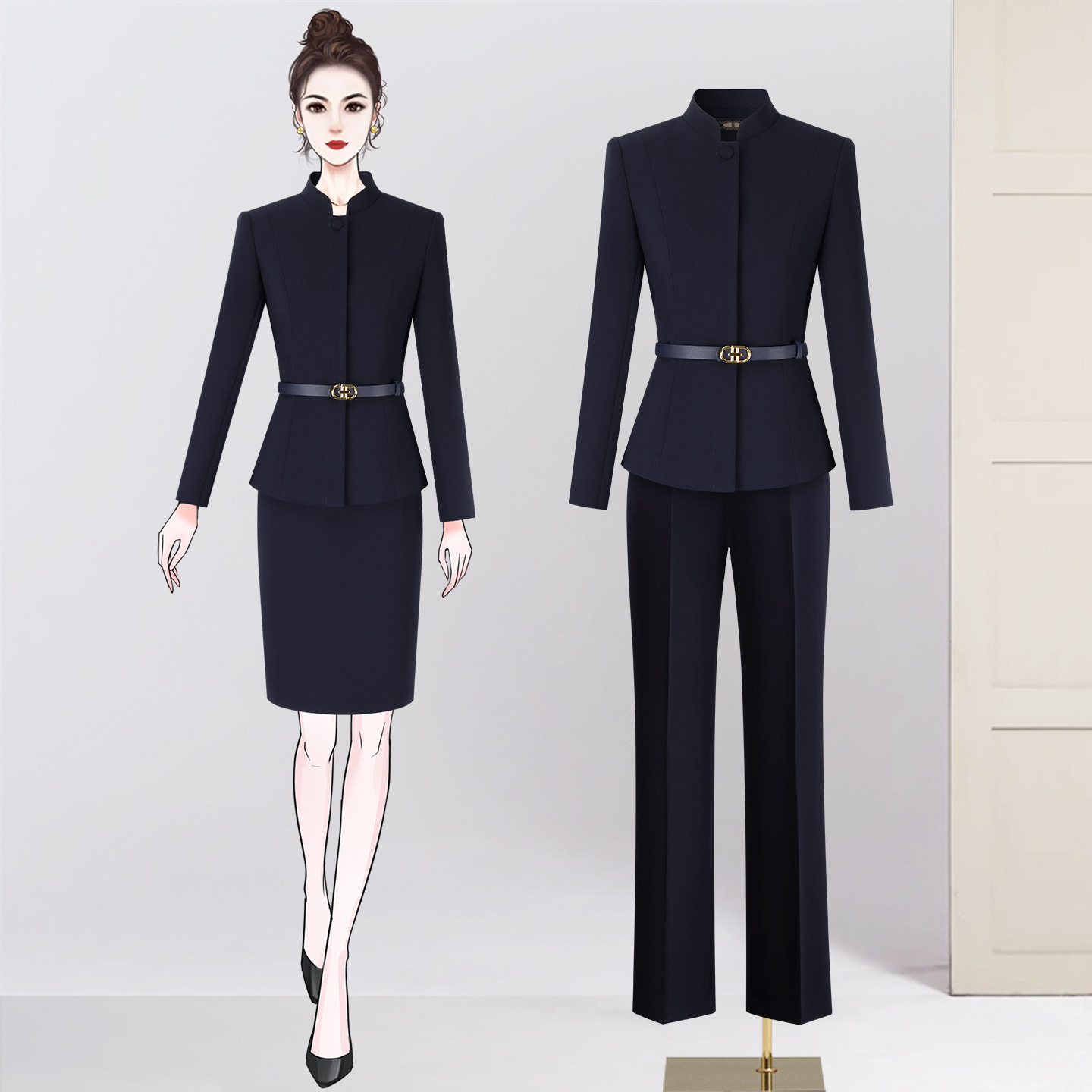 2352 Professional Women's Suit Set, Elegant Formal Workwear for Sales Department, Hotel Front Desk, Property Management, Navy Blue Work Uniform