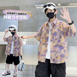 男童外套夏季2026新款中大儿童洋气休闲运动复古森林短袖衬衫夏款