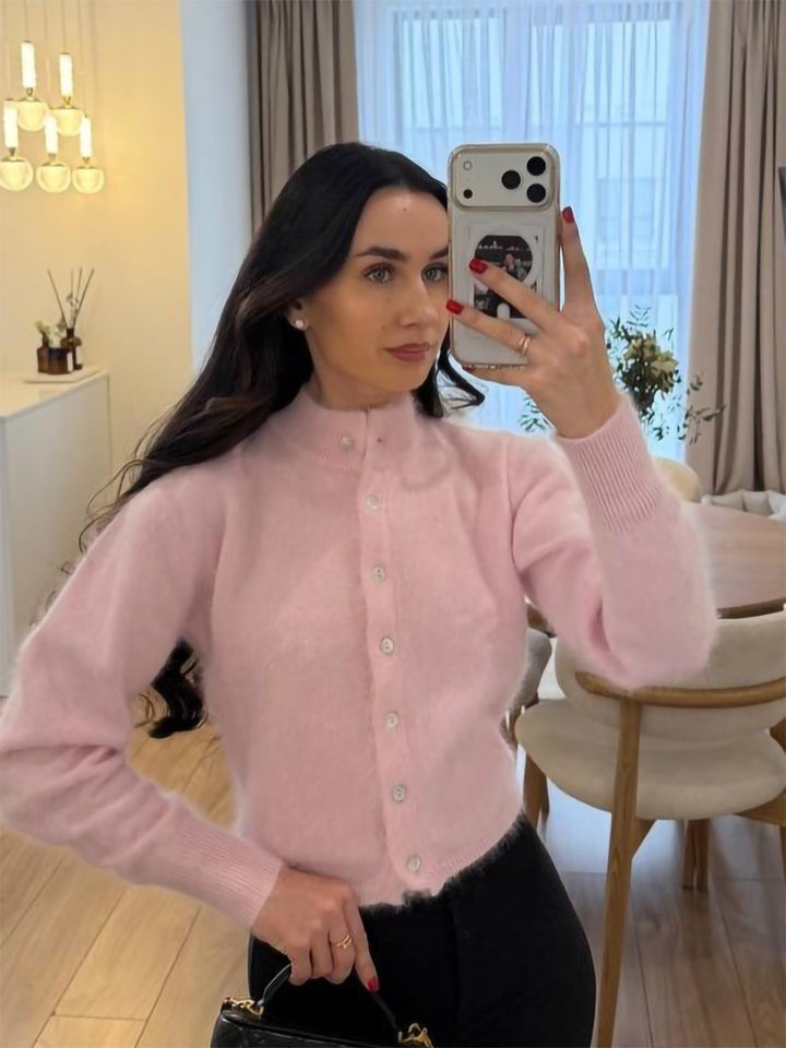 Áo khoác cardigan len nữ dáng ôm cổ tròn tay dài một hàng cúc chất liệu lông mềm mại — Màu hồng, Màu trắng, Màu xám nhạt, Xanh đậm chi tiết 10