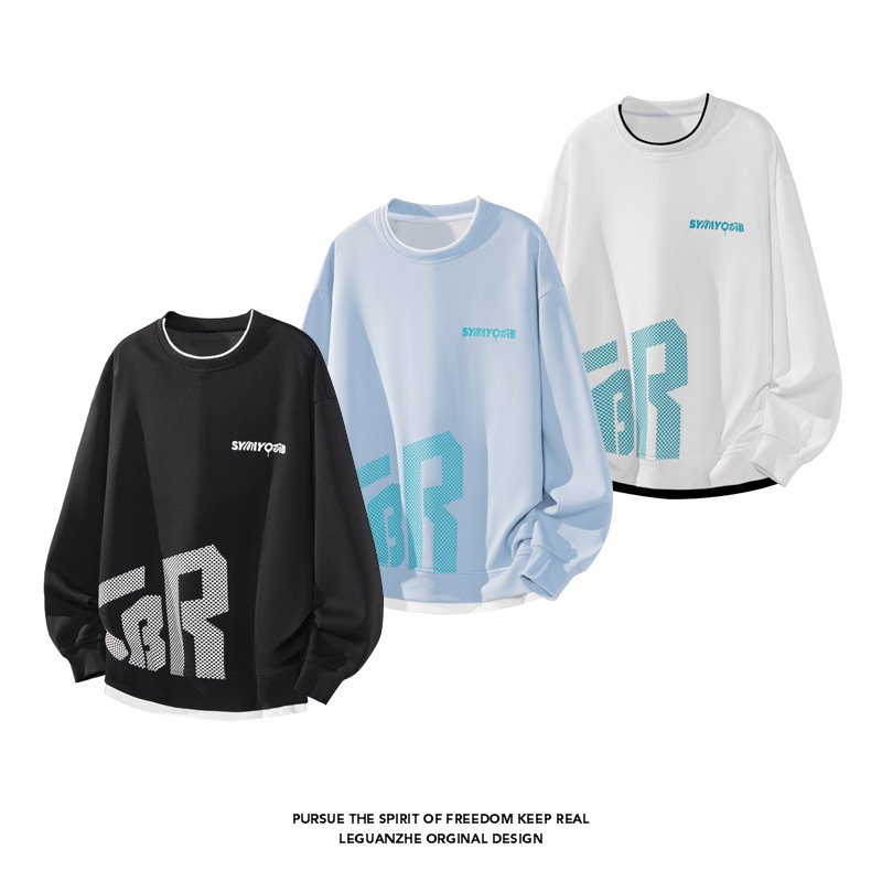 American High Street Retro Two-piece Crew Neck Sweatshirt Men, Versatile Loose Casual Base Shirt With Long Sleeves_voghion.com