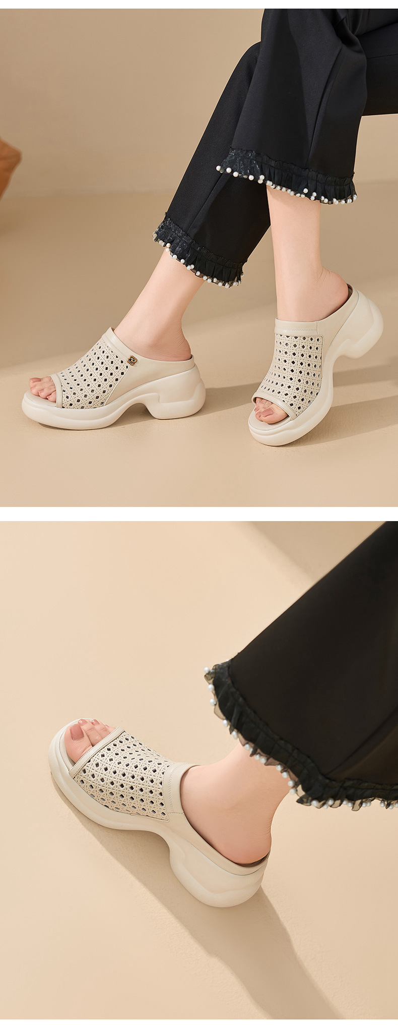 Dép sandal nữ da bò đục lỗ đế bánh xốp dày gót cao nhẹ — màu trắng ngà chi tiết 5