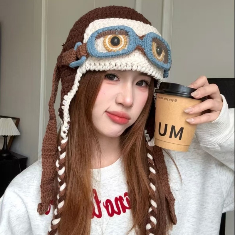可爱拼色针织帽子男女同款秋冬季保暖毛线帽骑车护耳飞行帽雷锋帽|undefined