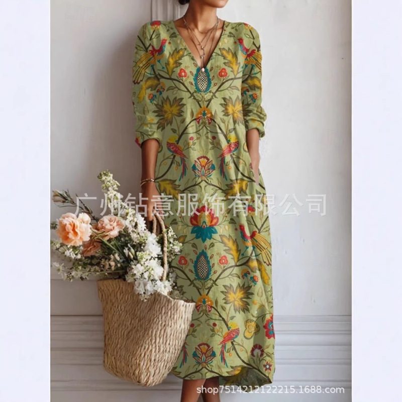 New Cross-Border Foreign Trade European and American Women's Fashion Hot-Selling Holiday Casual Bohemian Style Faux Linen V-Neck Long Dress