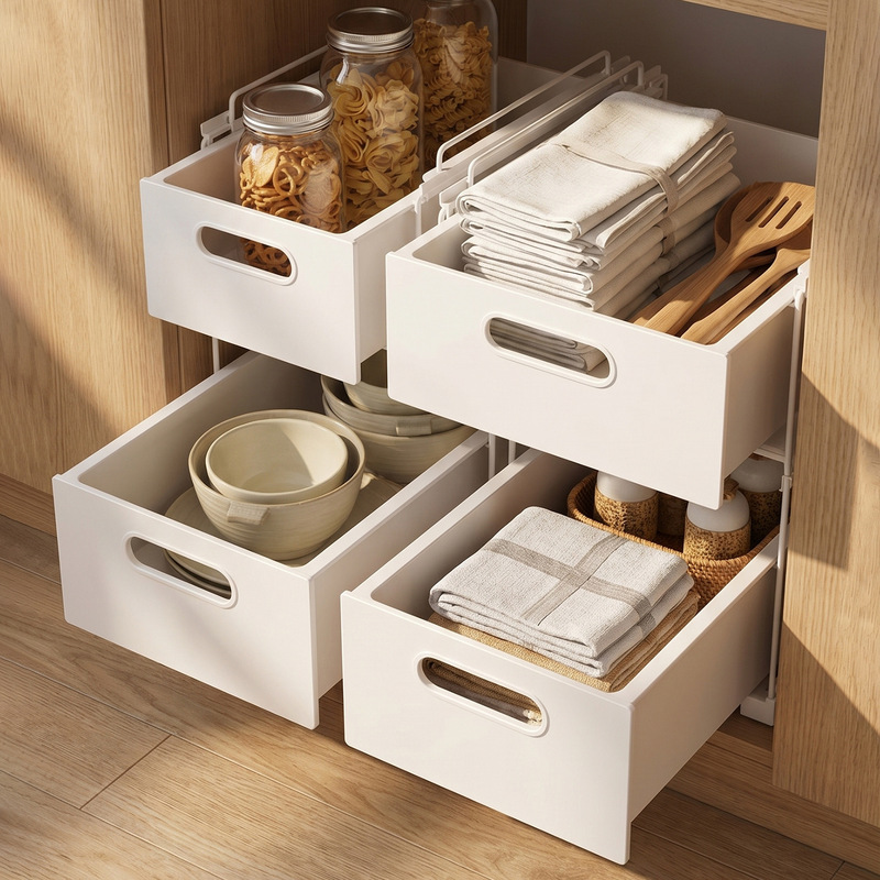 Pull-out storage rack for under-sink kitchen use, for storing bowls, chopsticks, and spices; multi-layer pull-out basket for snacks and toys inside the cabinet