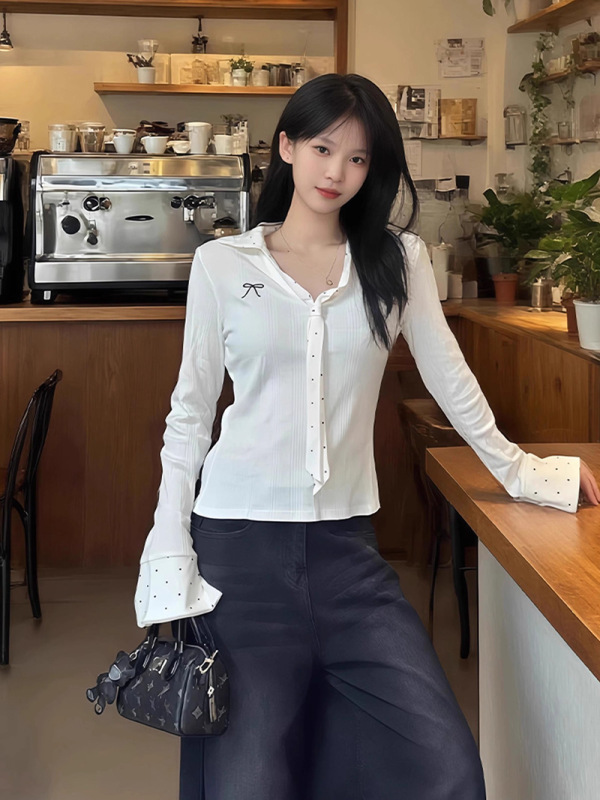 韩系白色波点领带v领长袖t恤女秋季纯欲绝美假两件拼接打底衫上衣|undefined