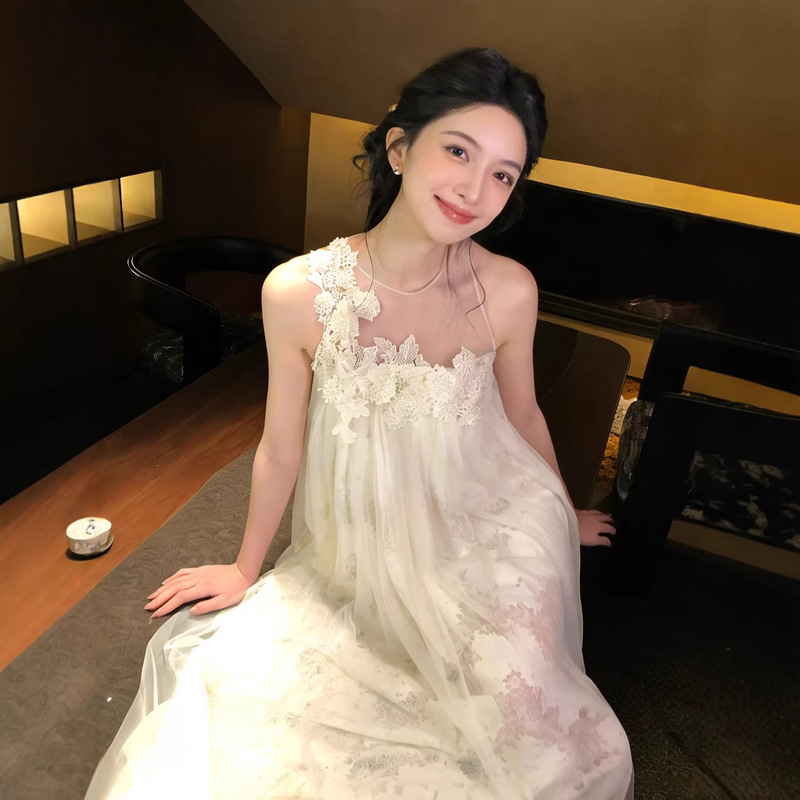 [Flowers on Branches] Lightly Luxurious Mesh Sleeveless Dress with Three-Dimensional Flowers or Top and Skirt Set for Women, Summer Style