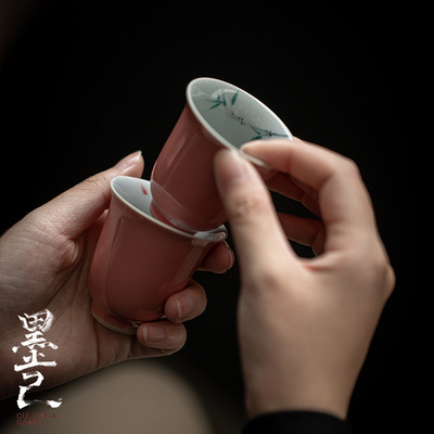 Mo Ji Pink lovely Tea cup Hearts ceramics Kungfu Online Tea Single cup Impatiens Hand drawn butterfly teacup