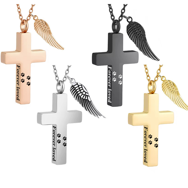 Halskette mit Pfotenabdruck-Kreuz aus Edelstahl, Herrenschmuck, klassischer Anhänger mit Engelsflügeln und Tieraschebox_voghion.com