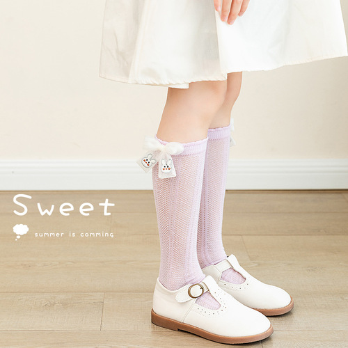 Spring and summer children's socks hollow animal mesh anti-mosquito socks bow breathable girls' socks calf socks summer thin