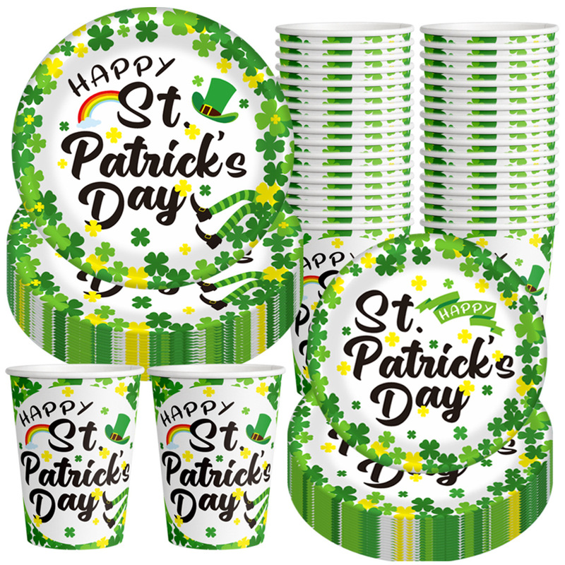 Cross-border Irish Festival Theme Party Decorative Paper Cup Paper Plate Knife and Fork Spoon suit Paper Tableware Wholesale Customization
