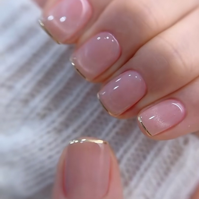 Wear Short Square Nails, Simple and Sweet Nude Pink French Champagne Color Edge Removable Fake Nails Manicure Nails