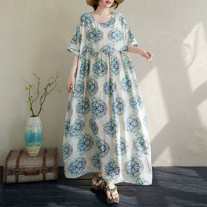 Летнее длинное платье, oversize, плюс размер, хлопок и лён, круглый ворот