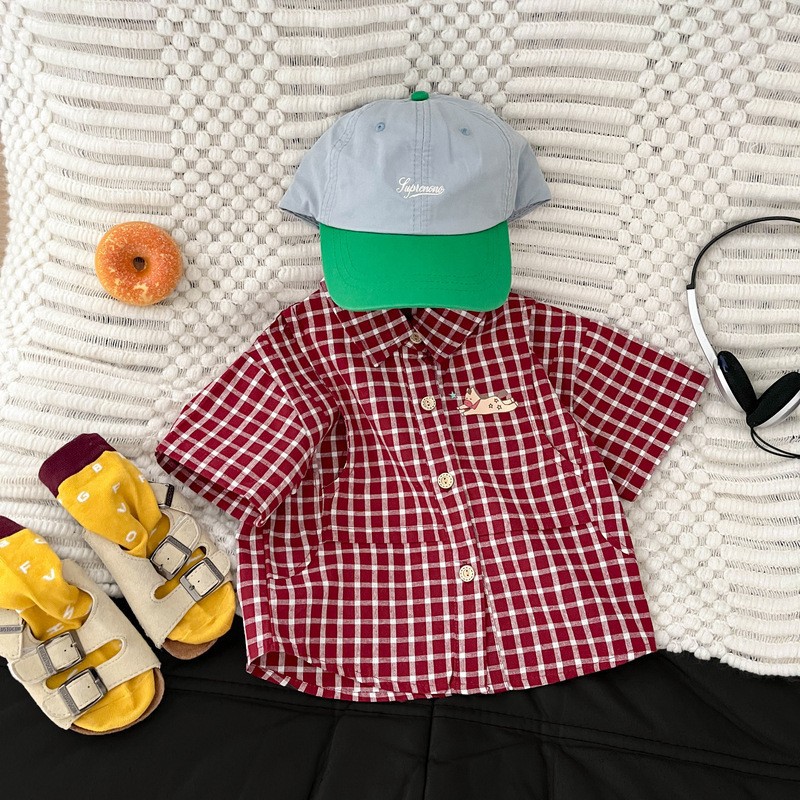 Camisas de mangas cortas de verano a cuadrícula para bebés transpirables con solapas casuales para niños, ropa guapo para niños