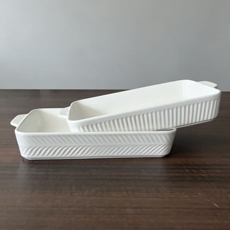 White Ceramic Double-Ear Baking Dish, Rectangular Deep Dish Baking Tray, Cheese Baked Rice Baking Dish Set, Microwave Safe