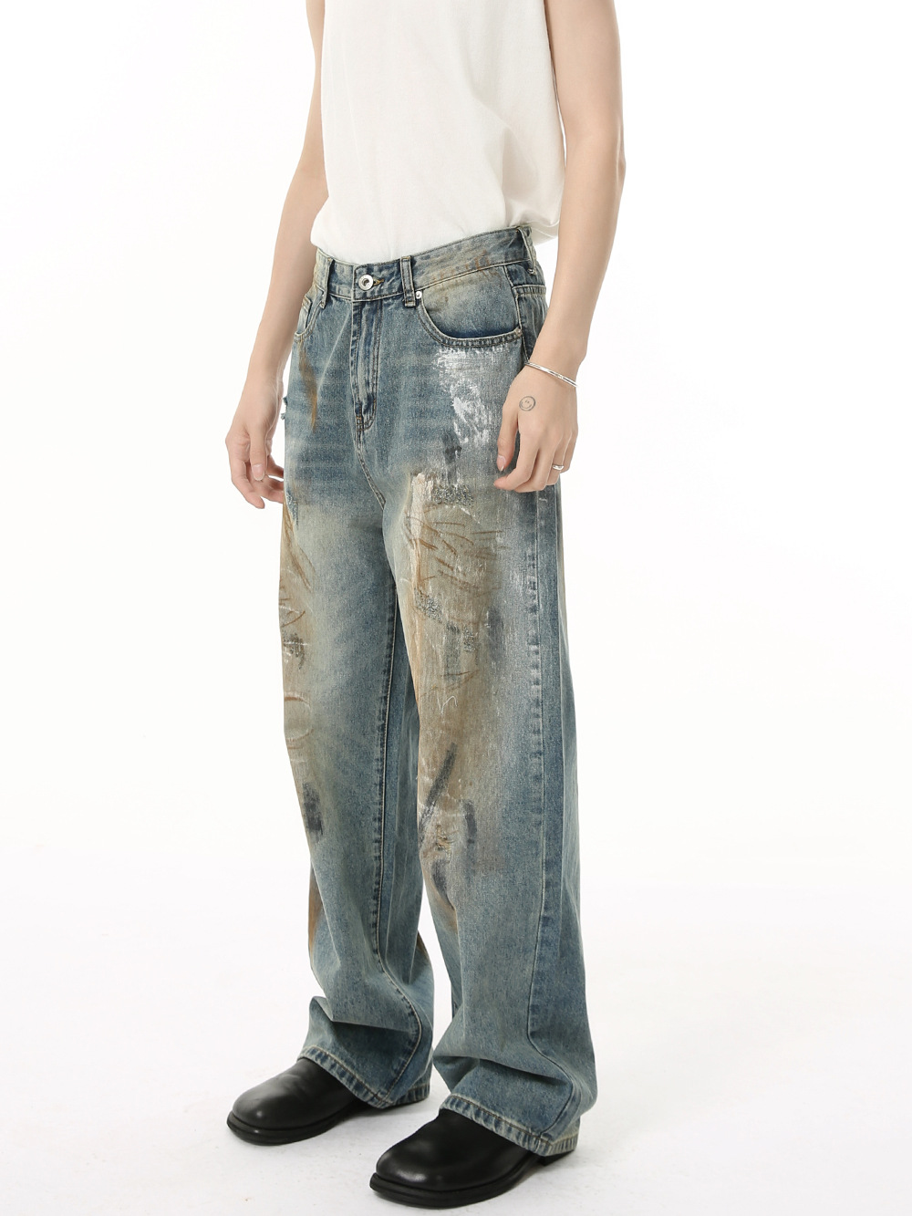 MTLCLOTHES Ropa de hombre | Personalidad de nicho, industria pesada callejera, viejo, teñido sucio, graffiti, jeans lavados, moda casual