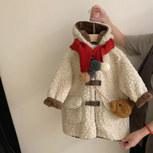 韩版童装女童外套冬款2025加厚毛毛内里皮扣连帽大衣单排扣外套潮