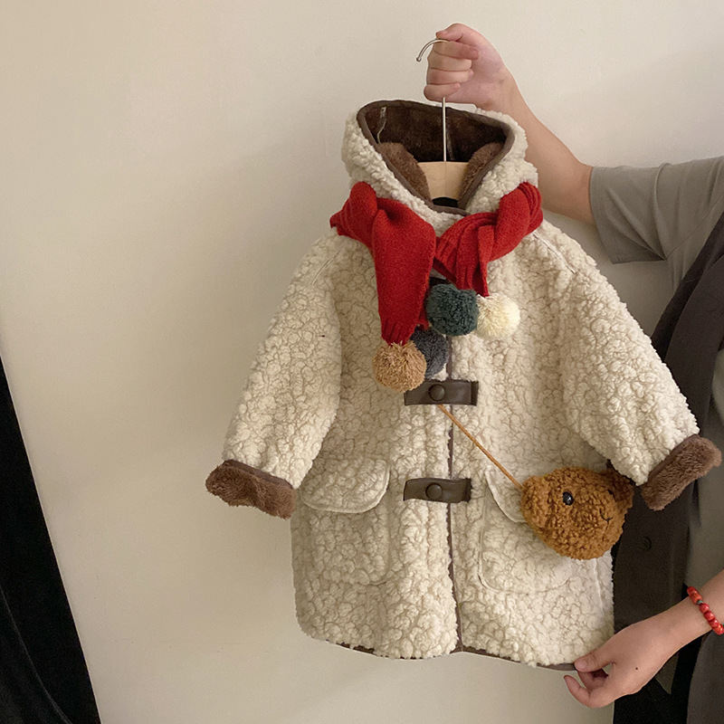 韩版童装女童外套冬款2025加厚毛毛内里皮扣连帽大衣单排扣外套潮