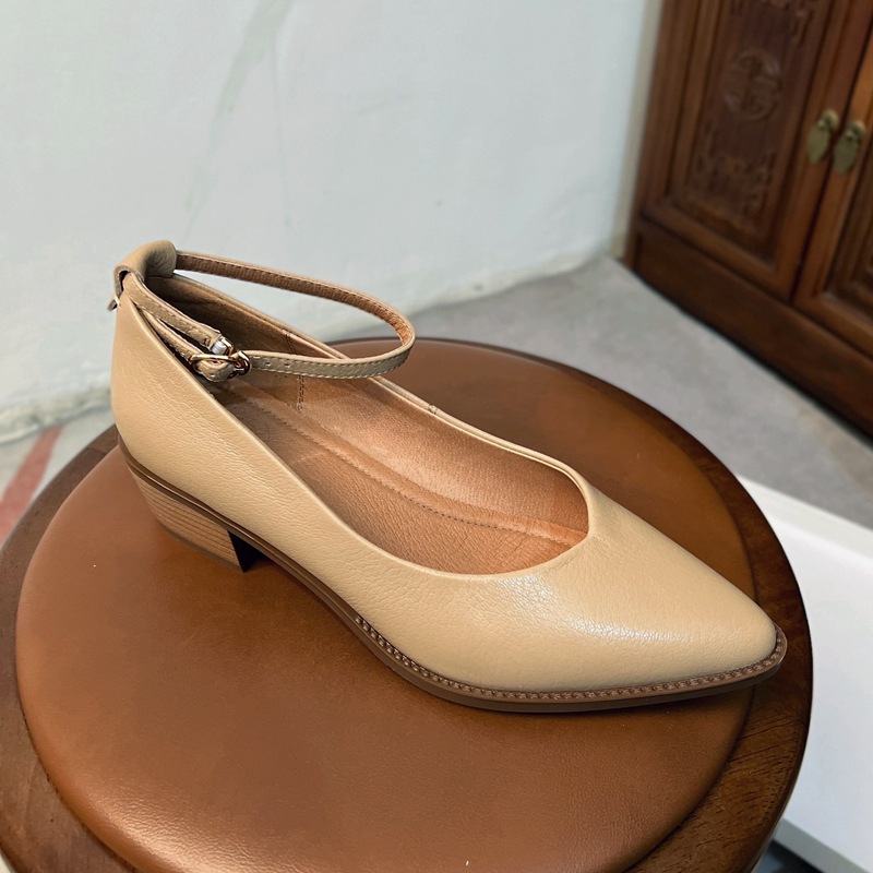 Giày Mary Jane nữ da cừu mũi nhọn gót thô miệng nông — Màu đen chi tiết 19