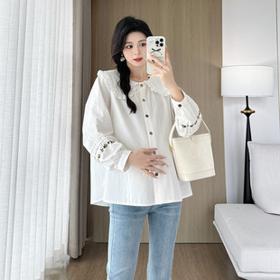Pregnant Women's Shirt 2024 Simple Shirt Loose Solid Color Spring and Autumn New Fresh Long Sleeve Pregnant Women's Top