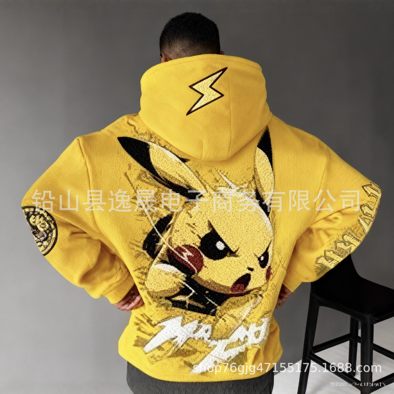 2025 Cross-Border Autum New Style Pikachu Cartoon Digital Printing Sports and Casual Style Men's Trendy Brand Hooded Sweatshirt 2025 Cross-Border Autum New Style Pikachu Cartoon Digital Printing Sports and Casual Style Men's Trendy Brand Hooded Sweatshirt