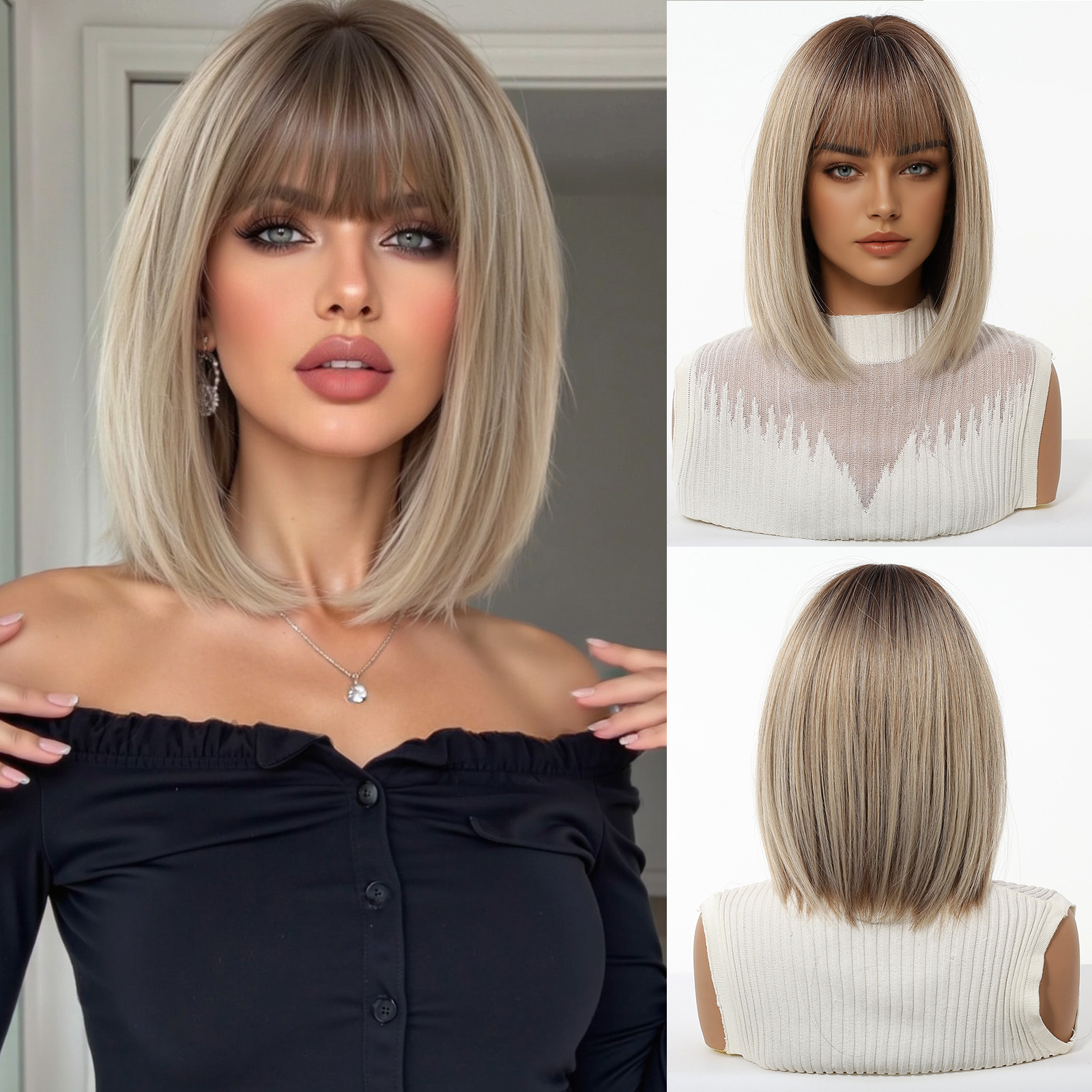 Venta caliente de primavera y verano, flequillo transpirable natural, cabello liso corto dorado degradado, peluca de estilo europeo y americano, cabello completo, wigs