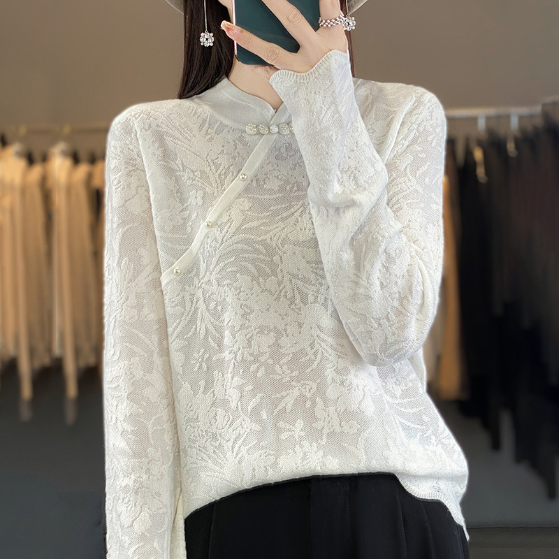 Autumn New Chinese Style Fine Wool Women's Sweater with National Style Knot Buttons, Knitted Jacquard, Cheongsam Collar, Versatile and Stylish
