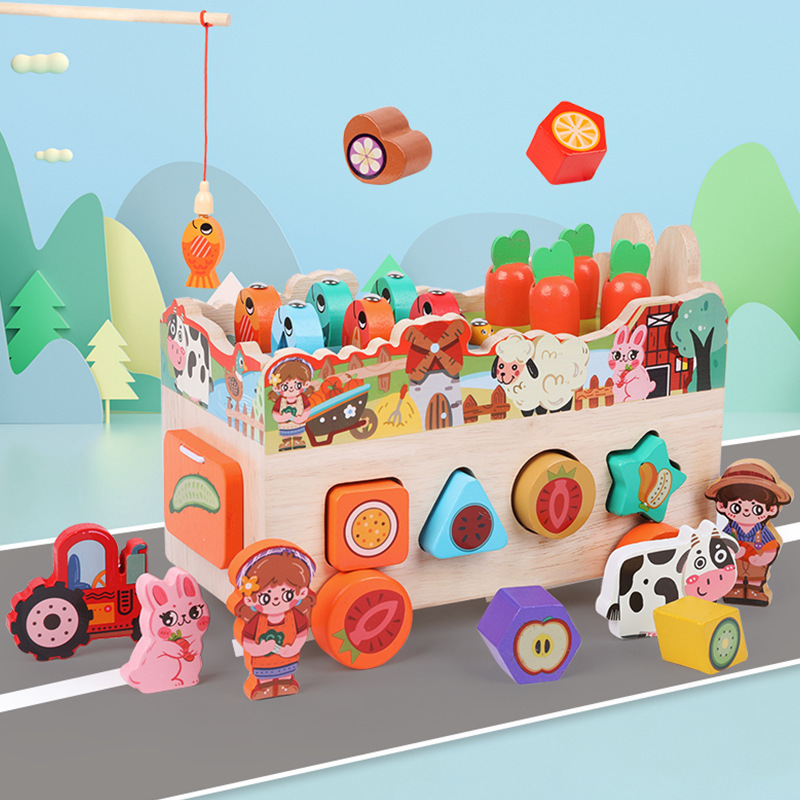 Montessori educación temprana multifuncional animal de granja forma de coche a juego pesca cognitiva rábano tirando juguetes para niños y niñas