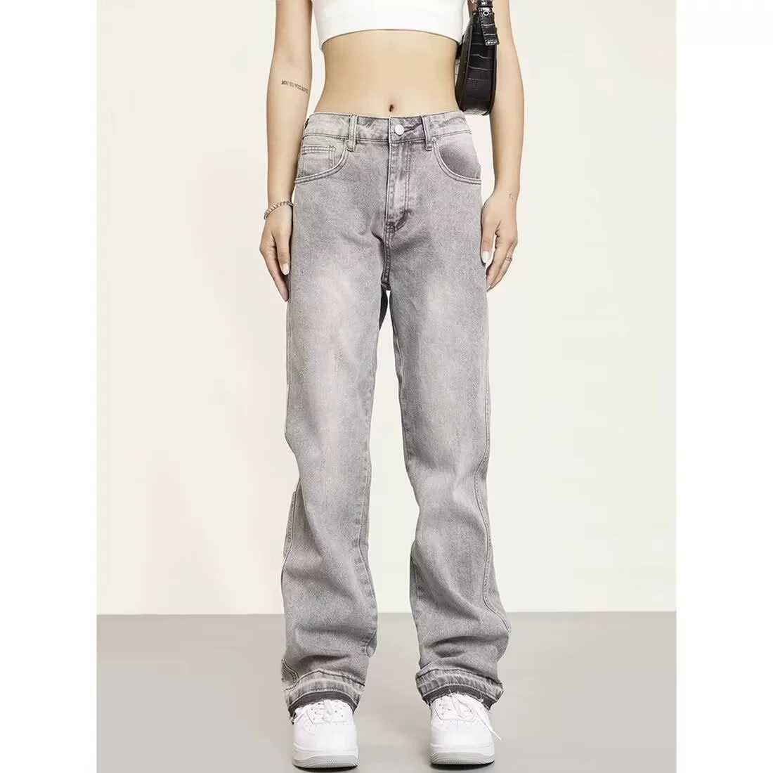 Моющиеся светло-серые джинсы мужские свободные прямые брюки с меховым краем брюки прилив летом тонкие американские брюки высокой улицы