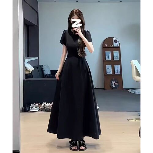 French retro long dress, women's summer new style, waist, slimming, high-end, Hepburn style, black thin suit dress