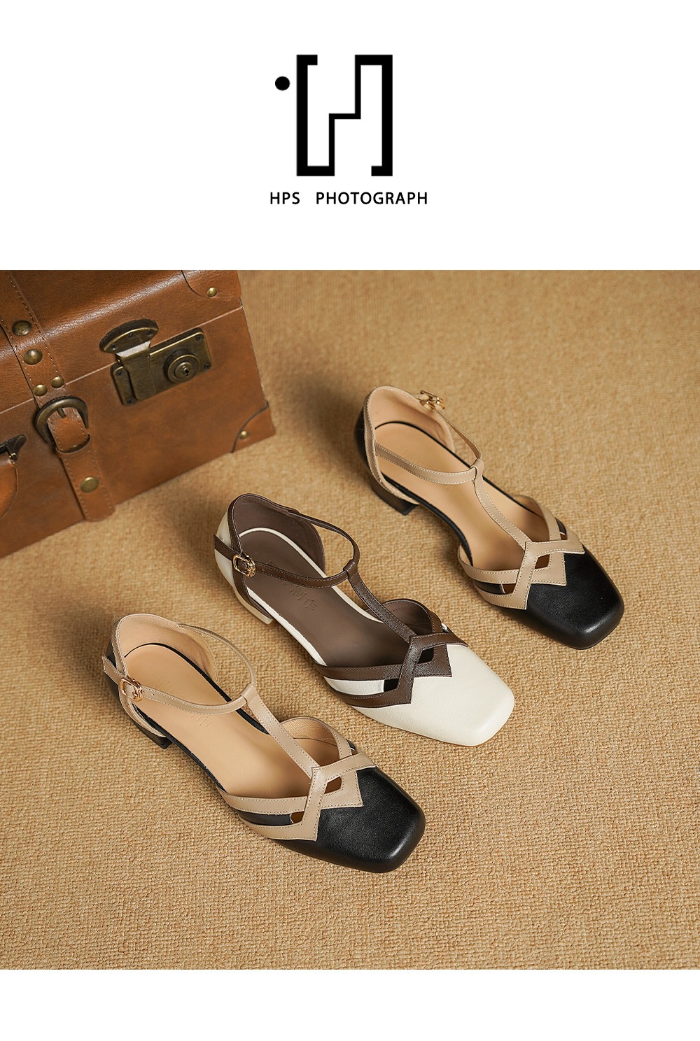 Sandal nữ mũi nhọn quai chữ T gót vuông cổ điển phối màu da bò — đen chi tiết 12