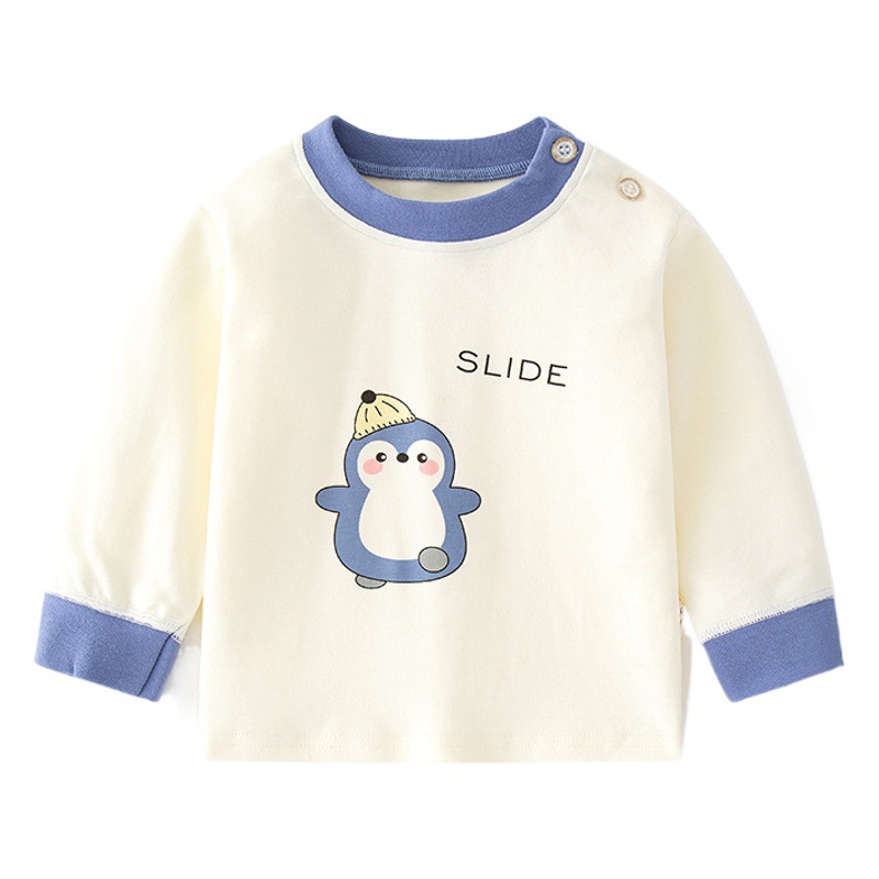 Baby Autumn Clothes Baby Cotton Printed Underwear Pullover Cotton Cartoon Children's Spring and Autumn Base Children's Wear Shoulder Open T-Shirt