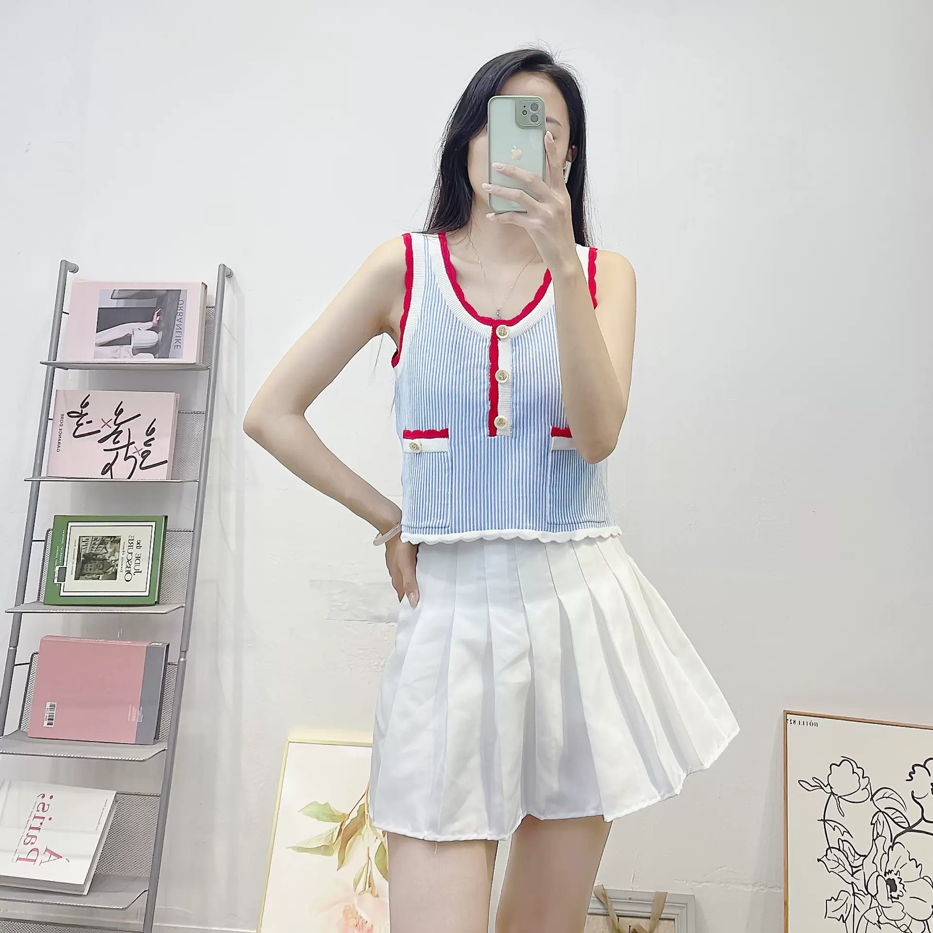 卓家2025夏季新款清新甜美百搭条纹无袖圆领显瘦针织衫女短款背心