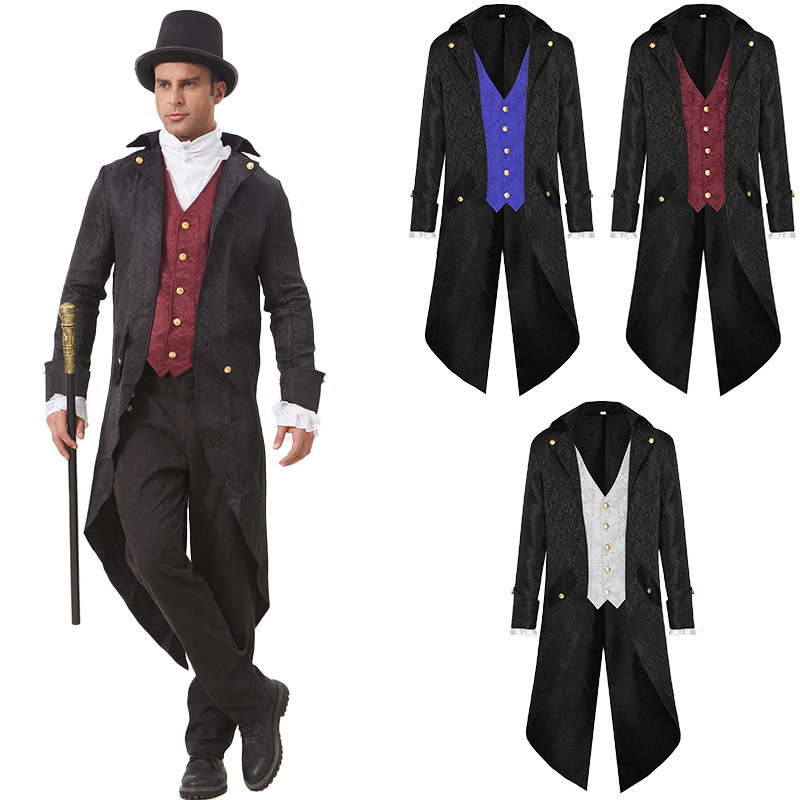 Cross-Border European and American Medieval Jacquard Tailcoat Men's Retro Long Coat Halloween Steampunk Cos Costume