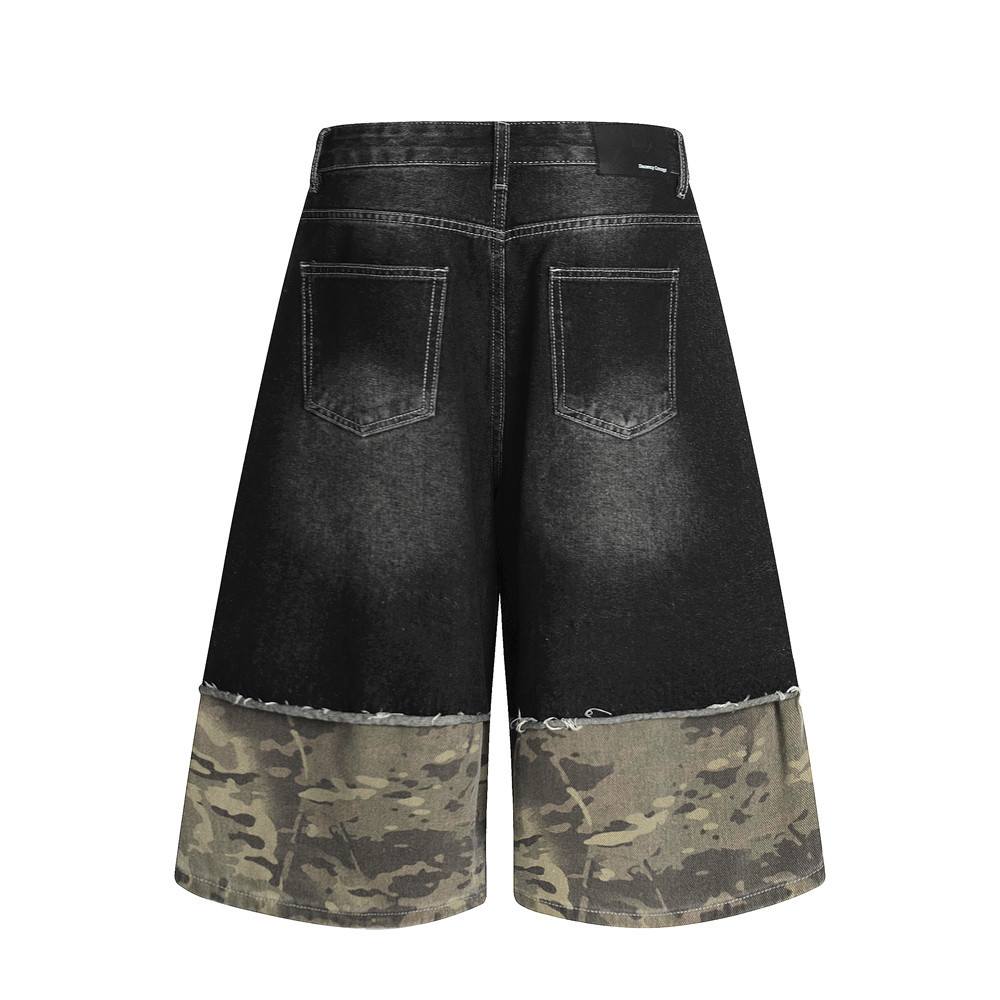 Pantaloncini di jeans camo patchwork da uomo effetto distressed_voghion.com