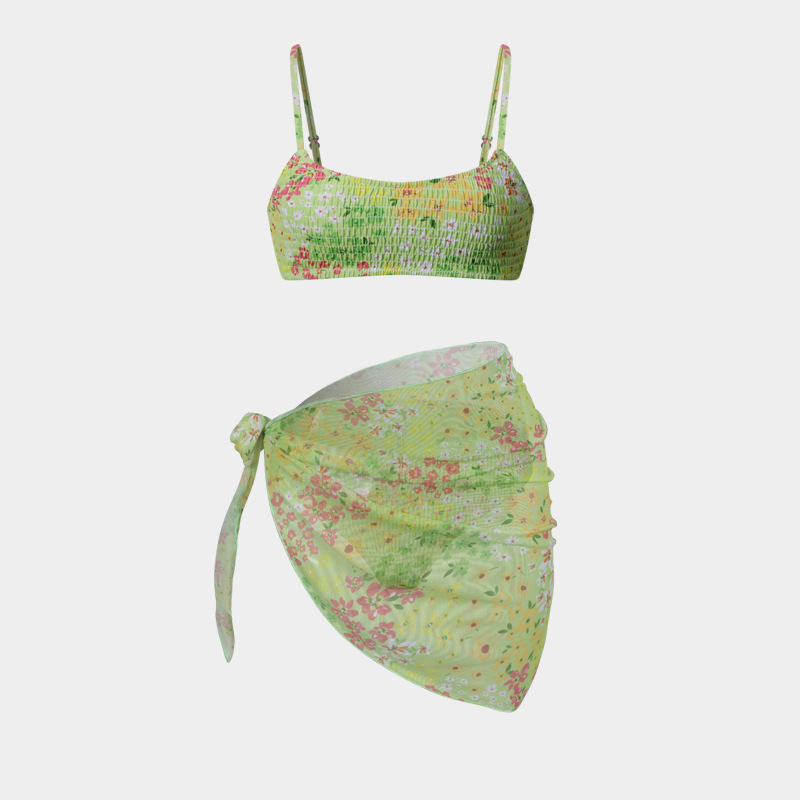 Women's Split Bikini Three-piece Swimsuit Floral Beach Wrap Set_voghion.com