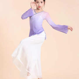 女童古典舞身韵弹力纱衣儿童中国舞练功服紫色渐变演出服飘逸少儿