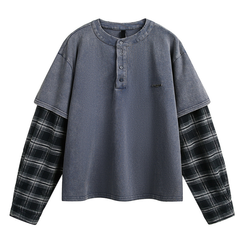 vintage Fake Two-Piece Plot Sleeve Stitching Old Henry Collar Long Sleeve T-Shirt Men's and Women's High Street Loose Top Ins