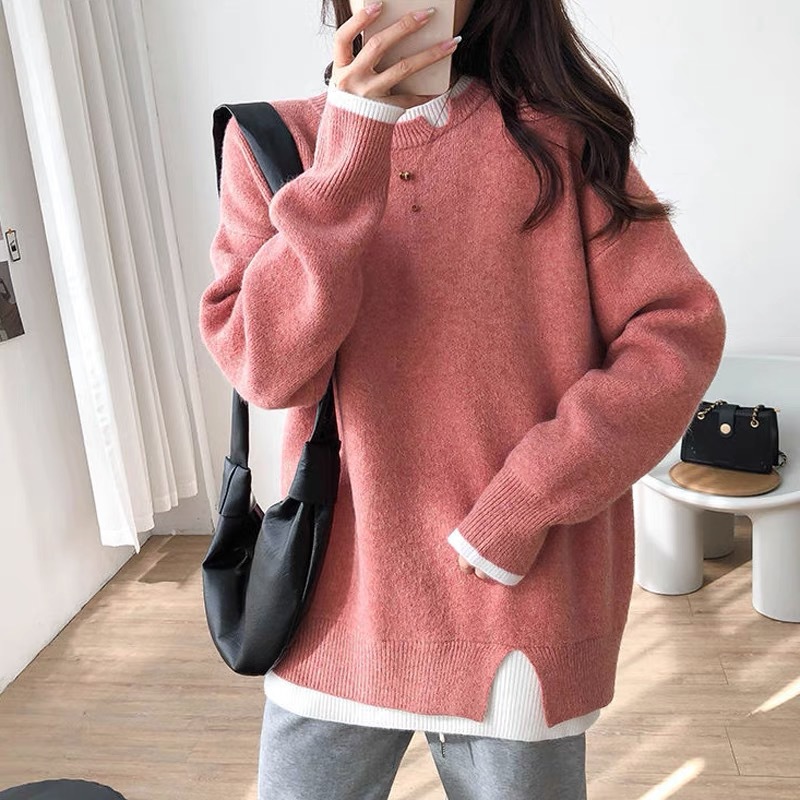 GraceChic GraceChic GraceChic 2021 Two-Piece Knitted Autumn Winter New Korean Version Age-Reducing Loose Soft Casual Color-Block Sweater Coat For_voghion.com