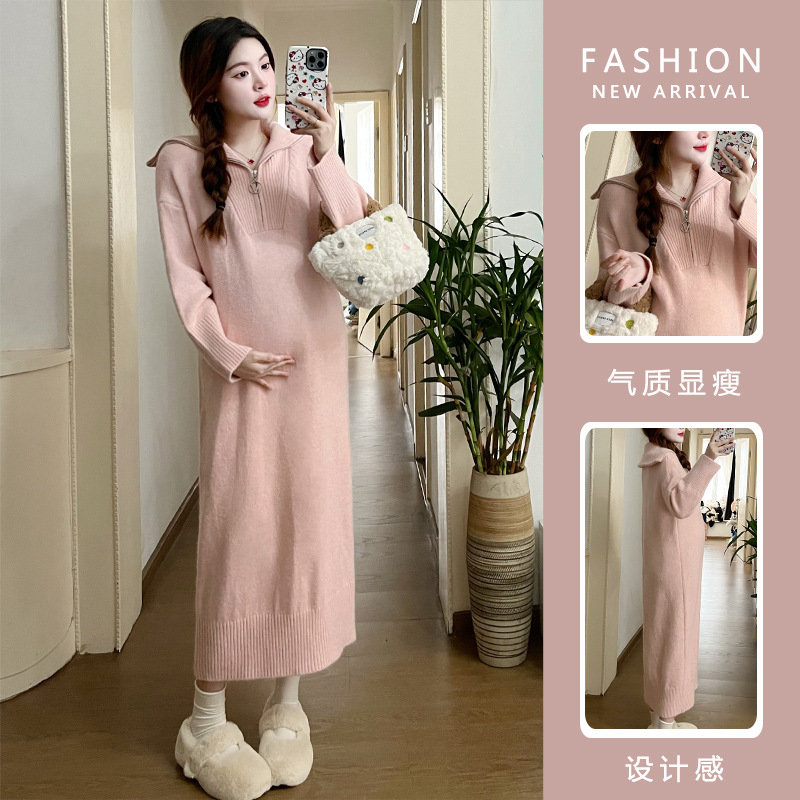 Pregnant Women Dress Autumn And Winter Korean Style Fashion Zipper Design Loose Large Size Long Bottoming Sweater Dress