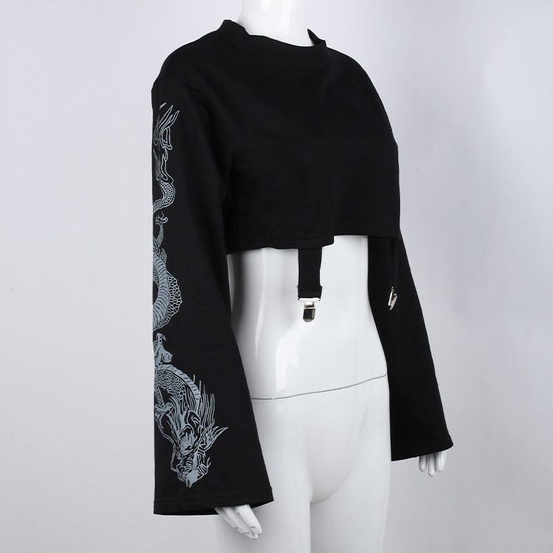 Felpa corta corta con stampa drago nera e scollo rotondo estivo ins2022 per donna_voghion.com