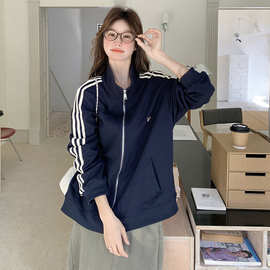 藏青色美式复古立领卫衣外套女2025秋新款宽松蝴蝶结刺绣拉链开衫