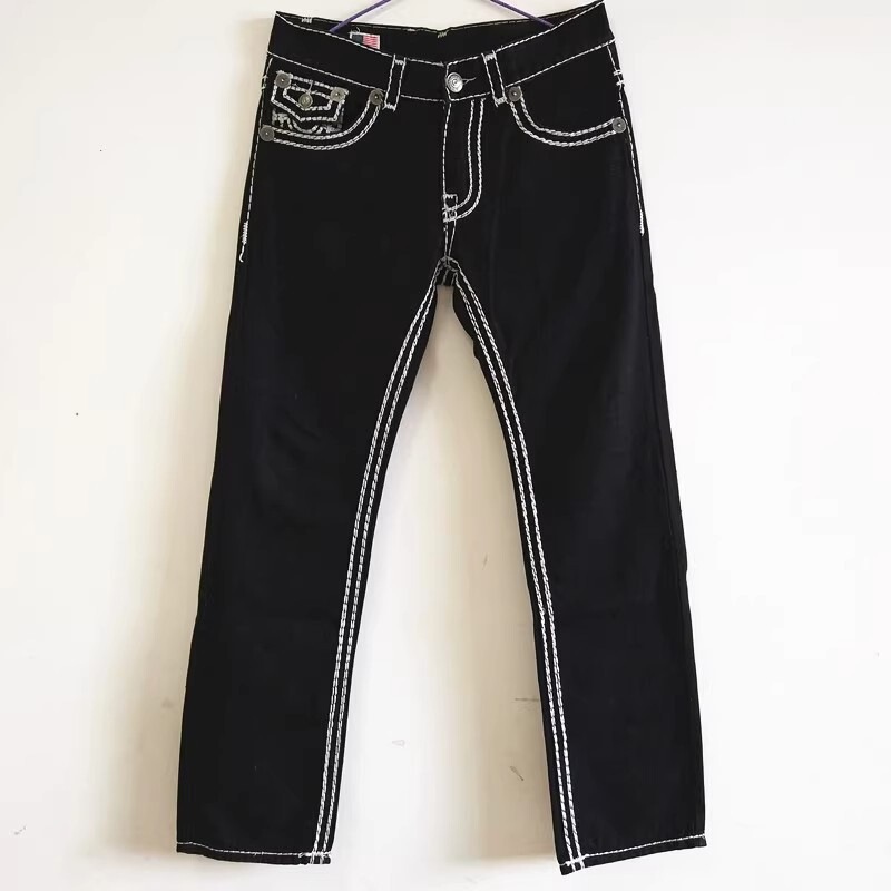 Cross-Border E-Commerce European and American Trendy Rock Style Jeans Men's White Thick-Stitch Faith Large Size Loose Straight Pants Black Cross-Border E-Commerce European and American Trendy Rock Style Jeans Men's White Thick-Stitch Faith Large Size Loose Straight Pants Black