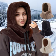 韓国スタイルの毛皮のようなショールハット、秋冬の暖かい帽子、女性のファッショナブルなスカーフ、オールインワンの耳保護ぬいぐるみ帽子、厚いクロスボーダー帽子